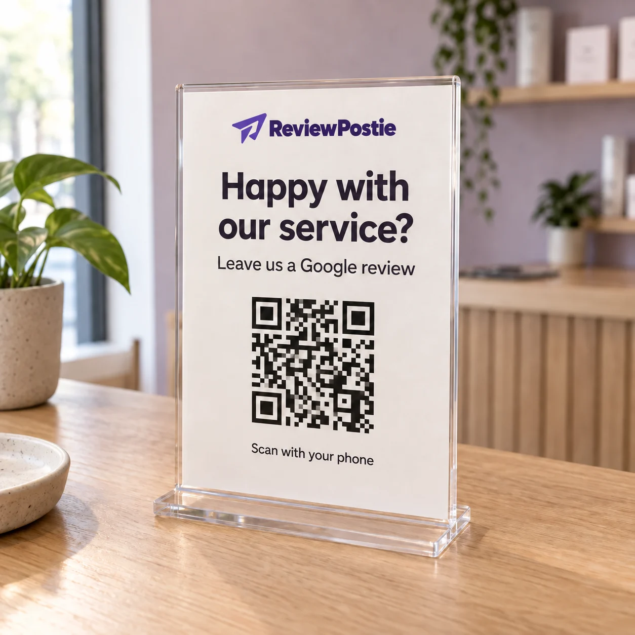 A printed ReviewPostie sign in a clear stand on a shop counter, inviting customers to scan a QR code and leave a Google review.